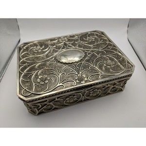 Godinger Sterling Silver Plated Jewelry Box Ornate Floral Embossed Vintage 9x7"